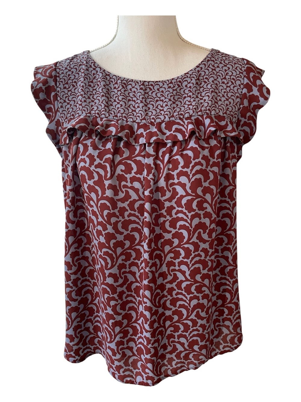 Loft Patterned Short Sleeved Blouse with Ruffled Detail.  Size M